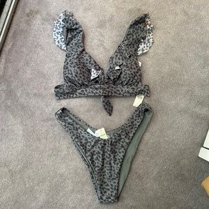 Aerie Women's Leopard Ruffle Tie Longline Triangle Top & Cheekie Bottom Bikini
